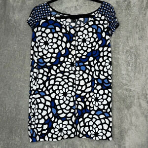 Worthington 3X Shirt Top Blue White Floral Cap Short Sleeve Scoop Neck Stretch